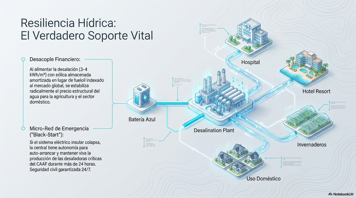 Esquema de resiliencia hídrica con desaladoras, bombeos, hospital y red insular