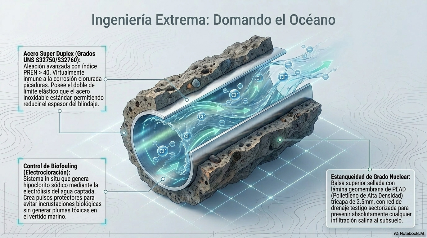 Sección de conducción hidráulica para agua de mar con materiales resistentes a la corrosión